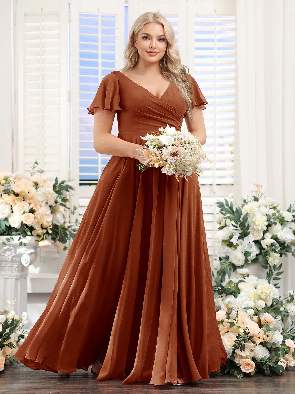 A Line V Neck Short Sleeves Split Side Ruched Chiffon Plus Size Bridesmaid Dresses