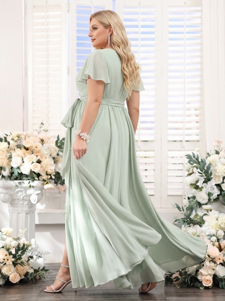 A Line V Neck Short Sleeves Split Side Ruched Floor Length Chiffon Plus Size Bridesmaid Dresses