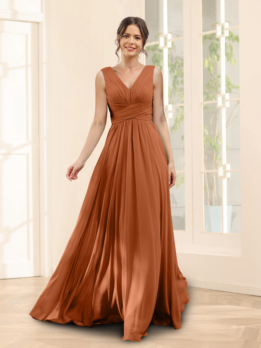 A Line V Neck Sleeveless Chiffon Bridesmaid Dresses With Pockets