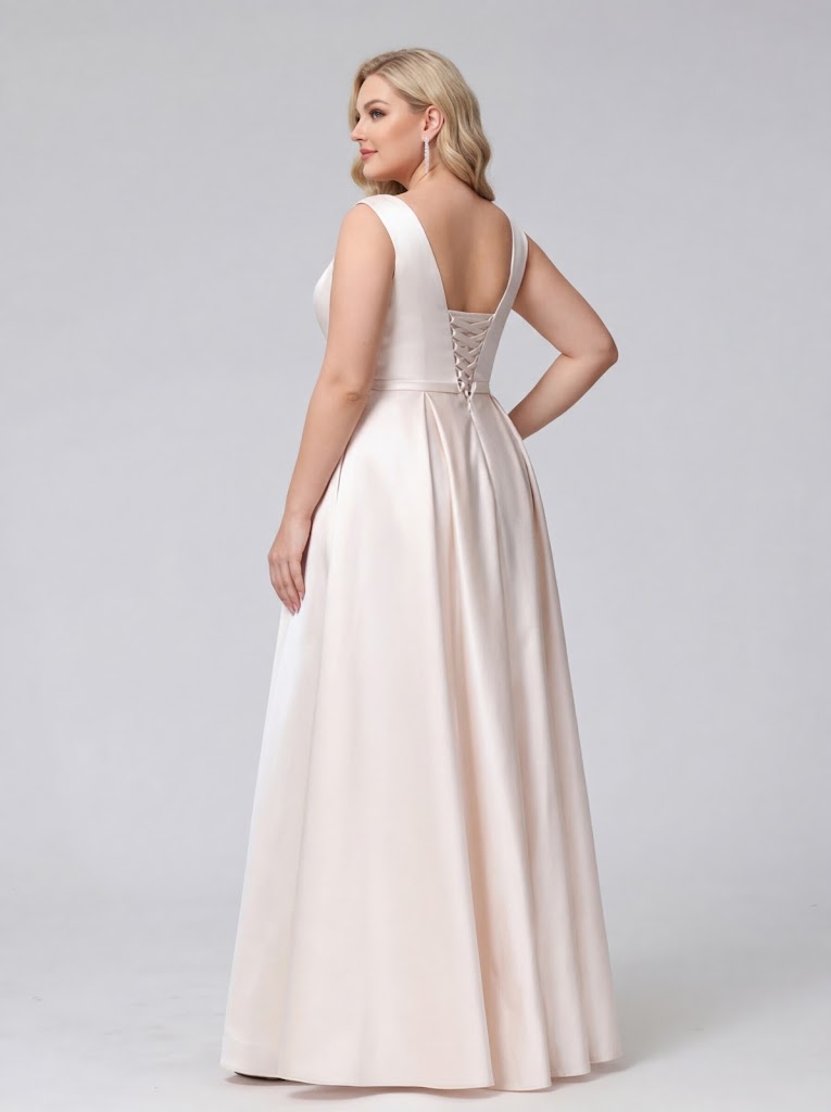 A Line V Neck Sleeveless Floor Length Satin Plus Size Bridesmaid Dresses With Pockets