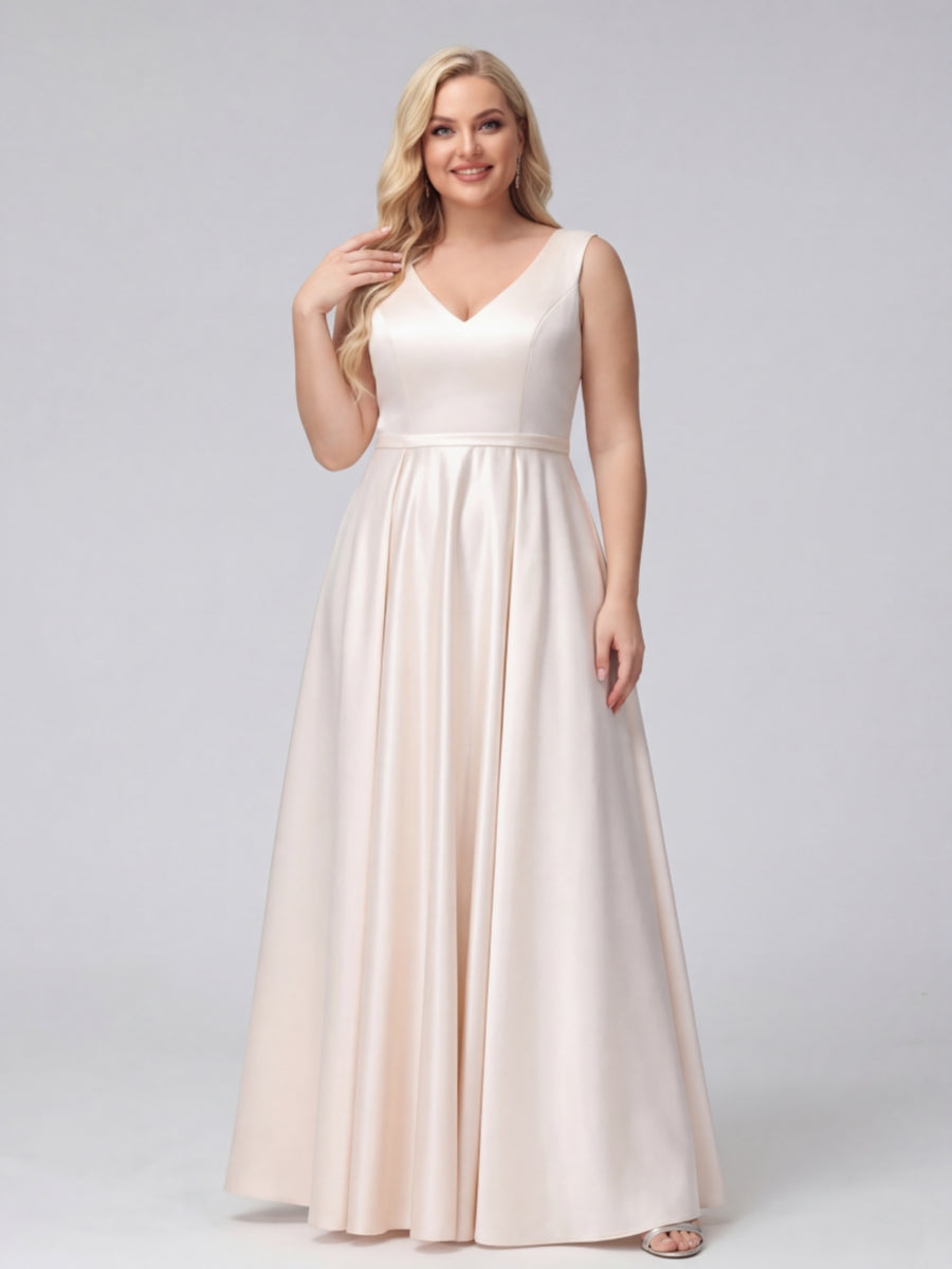 A Line V Neck Sleeveless Floor Length Satin Plus Size Bridesmaid Dresses With Pockets