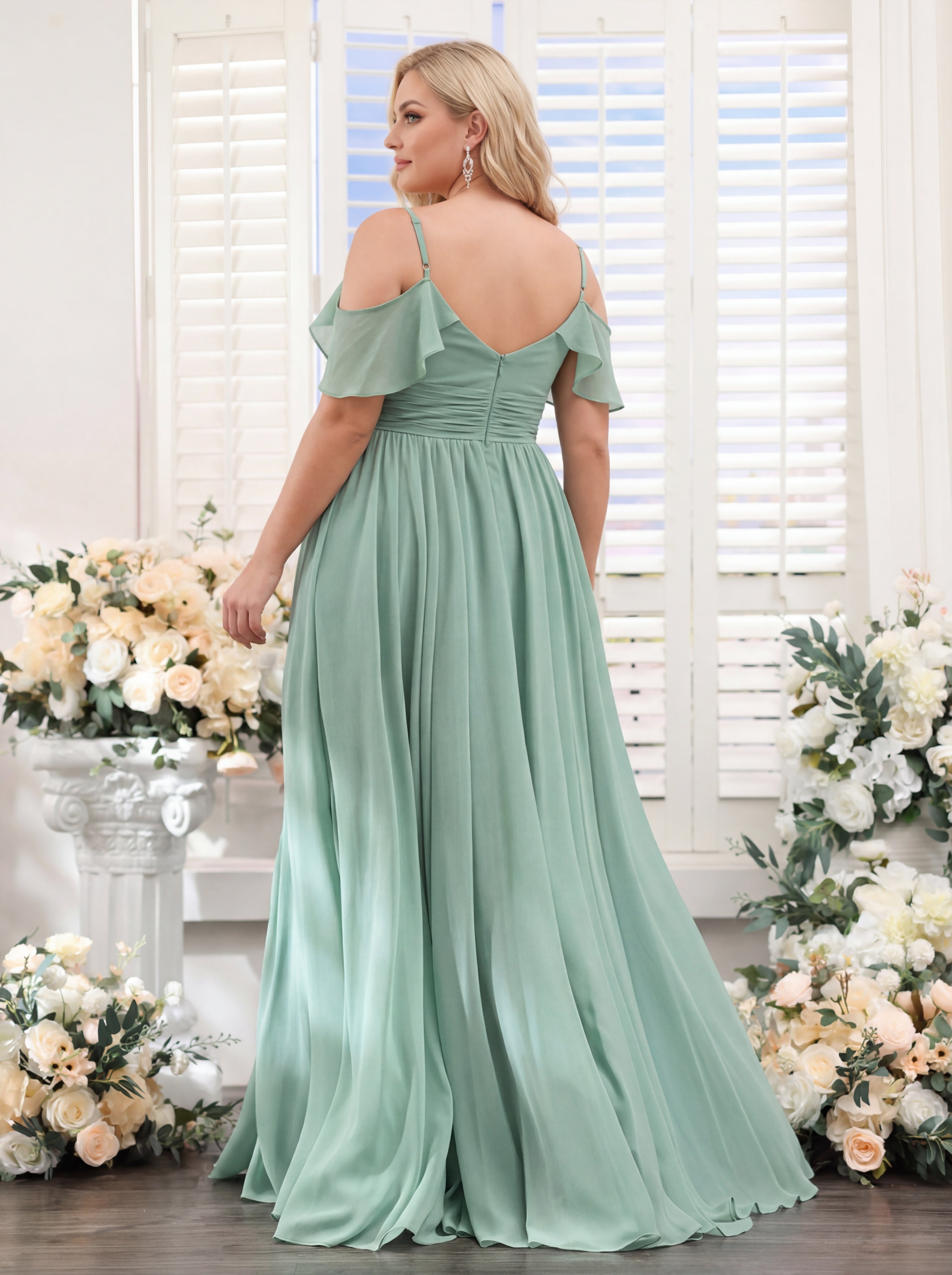 A Line V Neck Spaghetti Straps Chiffon Plus Size Bridesmaid Dresses with Pockets
