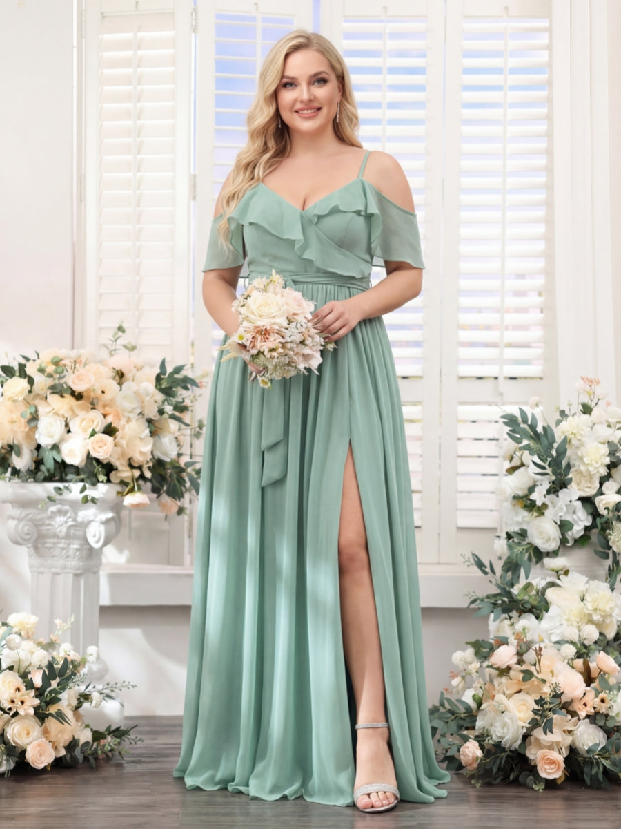 A Line V Neck Spaghetti Straps Chiffon Plus Size Bridesmaid Dresses with Pockets