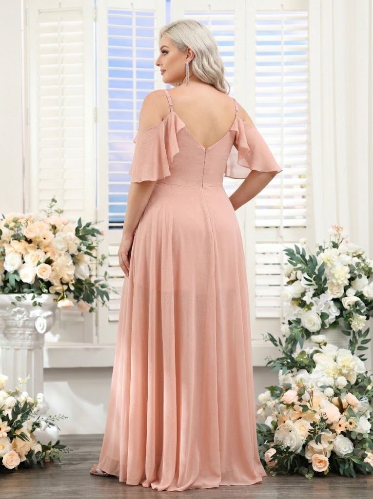 A Line V Neck Spaghetti Straps Short Sleeves Asymmetrical Chiffon Plus Size Bridesmaid Dresses