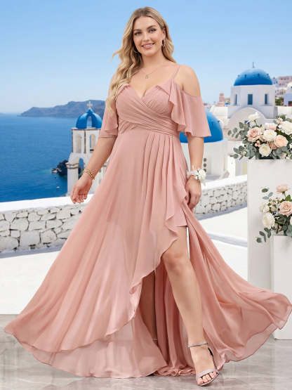 A Line V Neck Spaghetti Straps Short Sleeves Asymmetrical Chiffon Plus Size Bridesmaid Dresses
