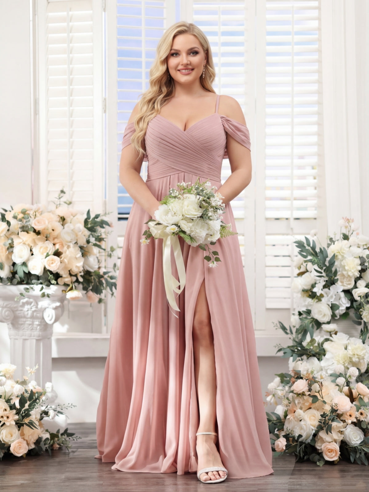 A Line V Neck Spaghetti Straps Split Side Floor Length Chiffon Plus Size Bridesmaid Dresses