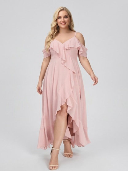 A Line Princess Chiffon Spaghetti Straps V Neck Short Sleeves With Ruffles Asymmetrical Plus Size Bridesmaid Dresses