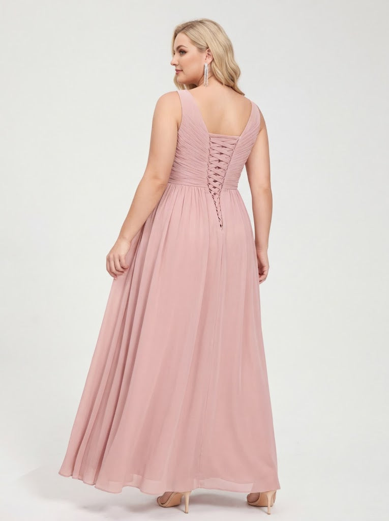 A Line Princess Chiffon V Neck Sleeveless With Pleats Floor Length Lace Up Plus Size Bridesmaid Dresses