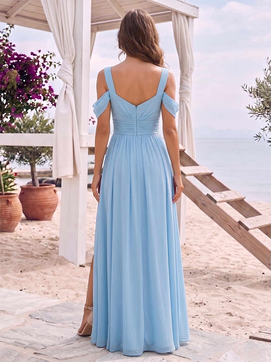 A Line Princess Cold Shoulder Short Sleeves Split Side Ruched Floor Length Chiffon Bridesmaid Dresses