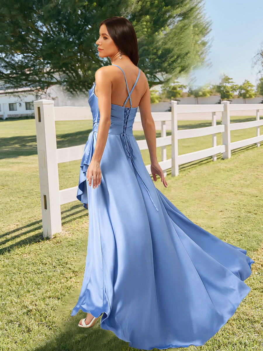 A Line Princess Cowl Neck Straps Floor Length Long Bridesmaid Dresses Ruffles