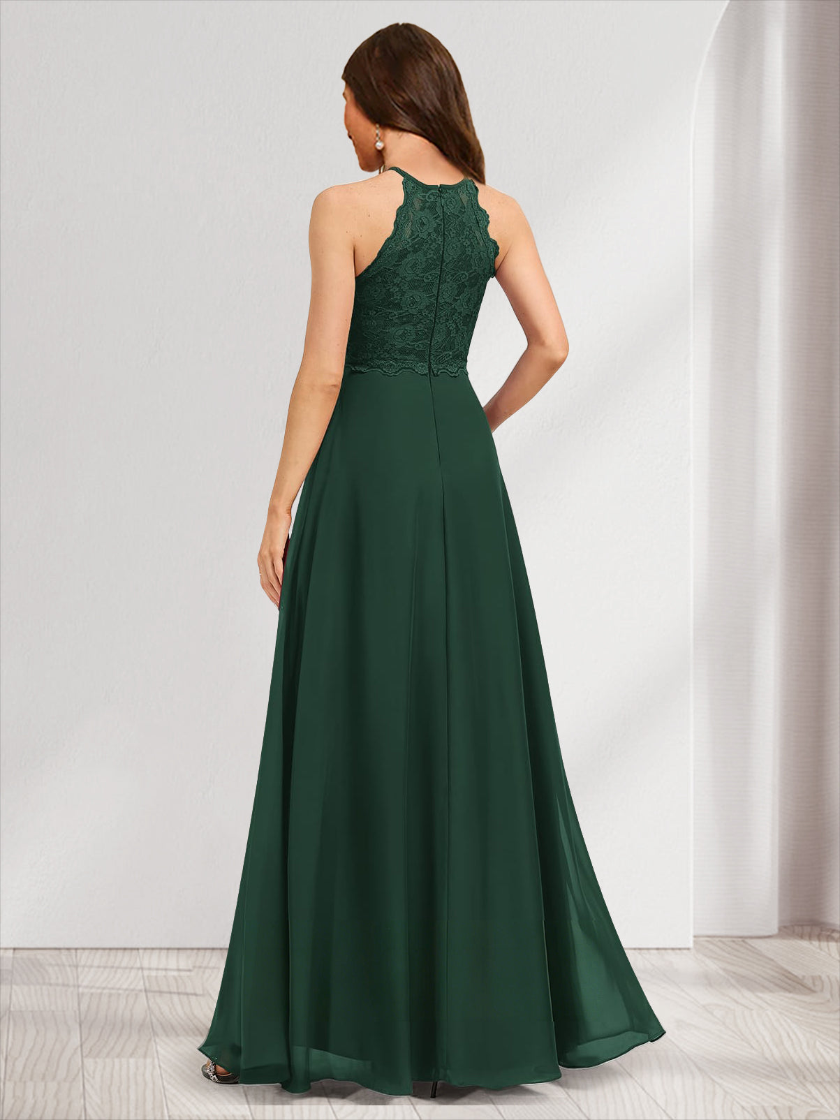 A Line Princess Crew Neck Keyhole Bridesmaid Dresses with Lace