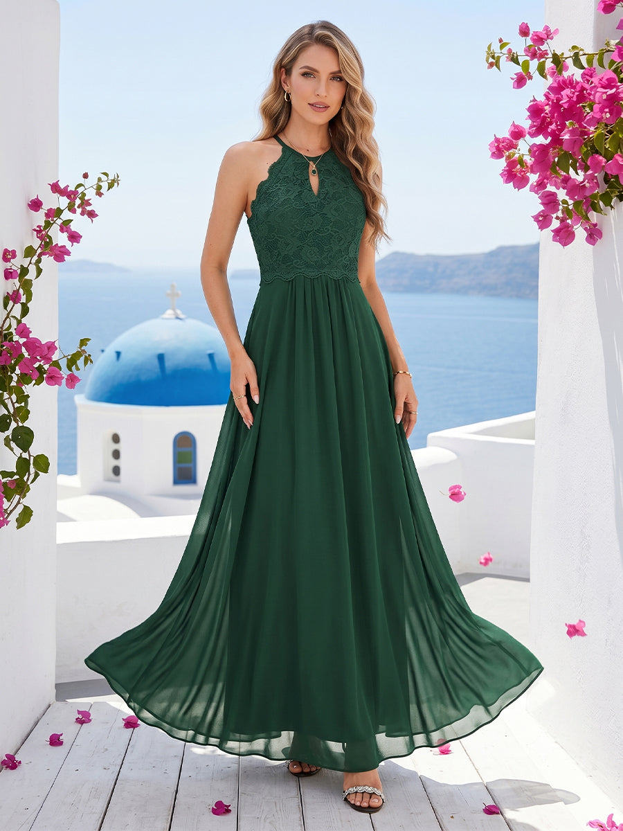 A Line Princess Crew Neck Keyhole Bridesmaid Dresses with Lace