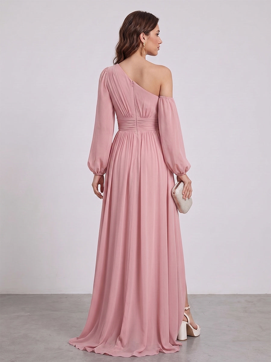 A Line Princess Floor Length Long Sleeves Bridesmaid Dresses With Split Side Sash