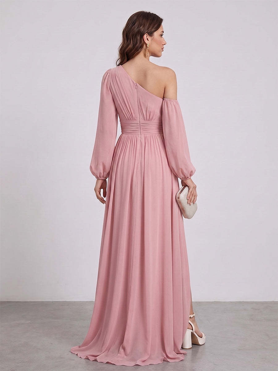 A Line Princess Floor Length Long Sleeves Bridesmaid Dresses With Split Side Sash