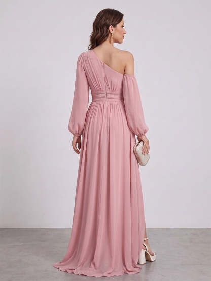 A Line Princess Floor Length Long Sleeves Bridesmaid Dresses With Split Side Sash