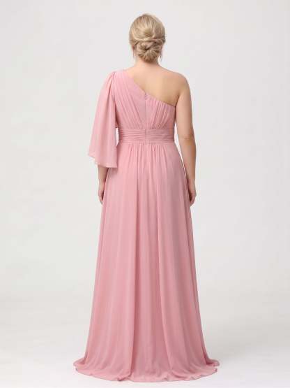 A Line Princess Floor Length One Shoulder Plus Size Bridesmaid Dresses With Split Side