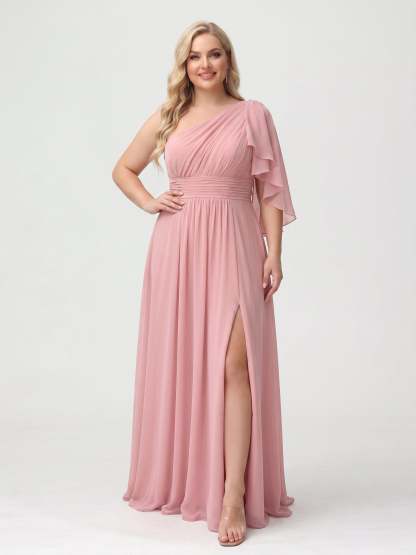 A Line Princess Floor Length One Shoulder Plus Size Bridesmaid Dresses With Split Side