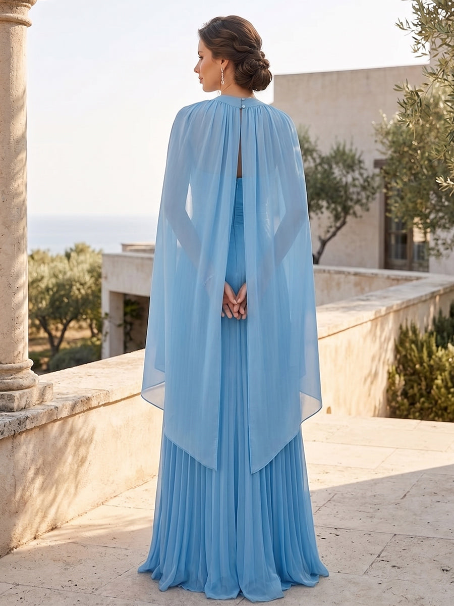 A Line Princess Halter Keyhole Sleeveless Long Bridesmaid Dresses with Cape Pleated