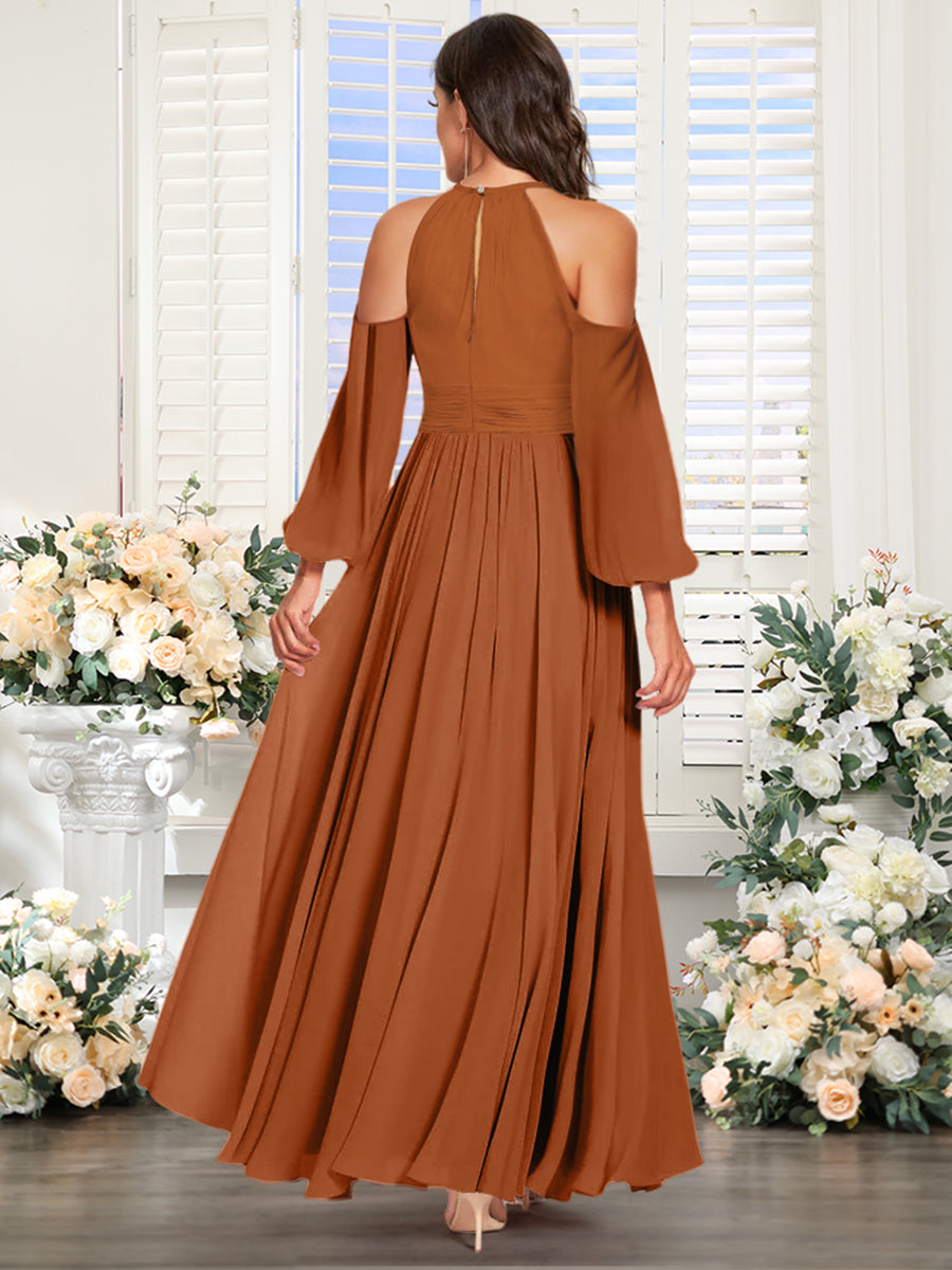 A Line Princess Halter Off the Shoulder Long Sleeves Bridesmaid Dresses with Split Side