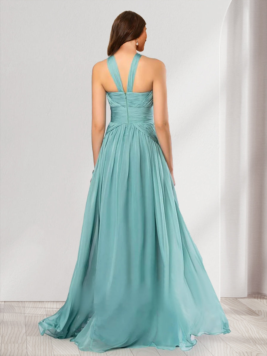 A Line Princess Halter Pleated Long Bridesmaid Dresses