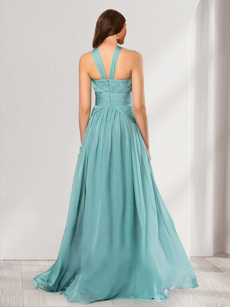 A Line Princess Halter Pleated Long Bridesmaid Dresses