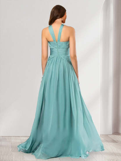 A Line Princess Halter Pleated Long Bridesmaid Dresses