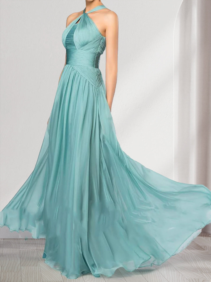 A Line Princess Halter Pleated Long Bridesmaid Dresses