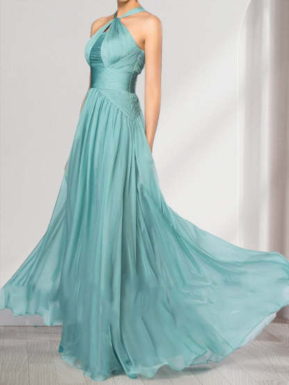 A Line Princess Halter Pleated Long Bridesmaid Dresses