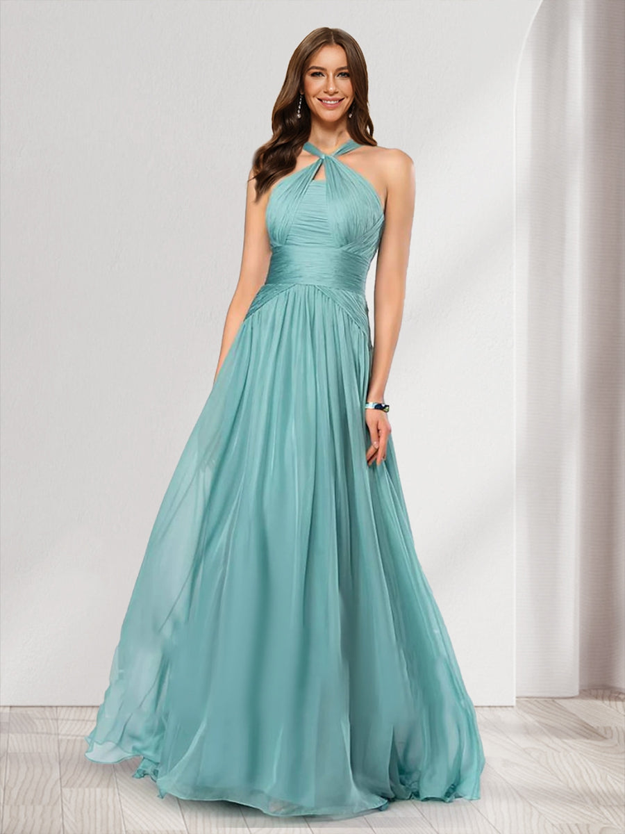 A Line Princess Halter Pleated Long Bridesmaid Dresses