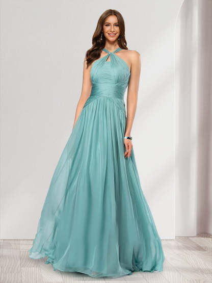 A Line Princess Halter Pleated Long Bridesmaid Dresses