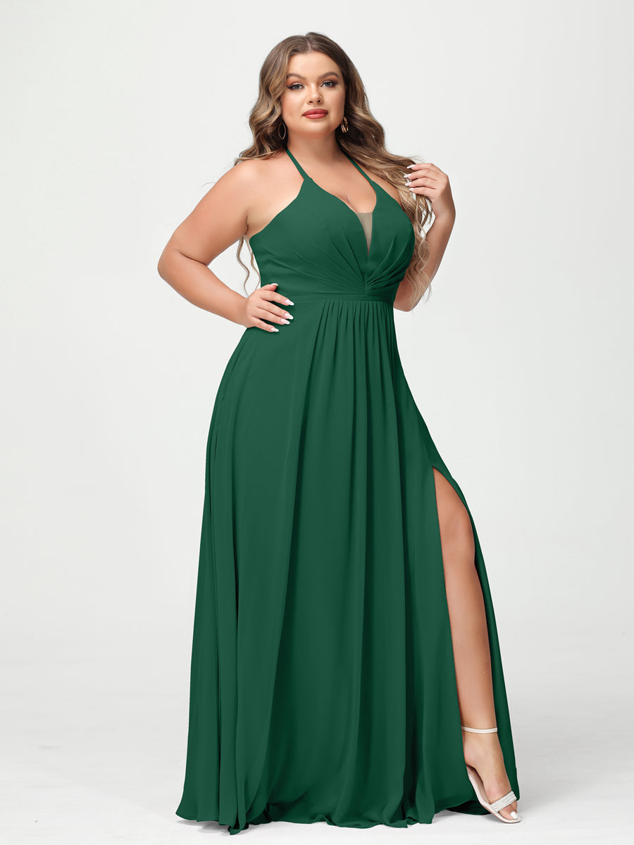 A Line Princess Halter Sleeveless Chiffon Ruched Split Side Plus Size Bridesmaid Dresses with Pockets
