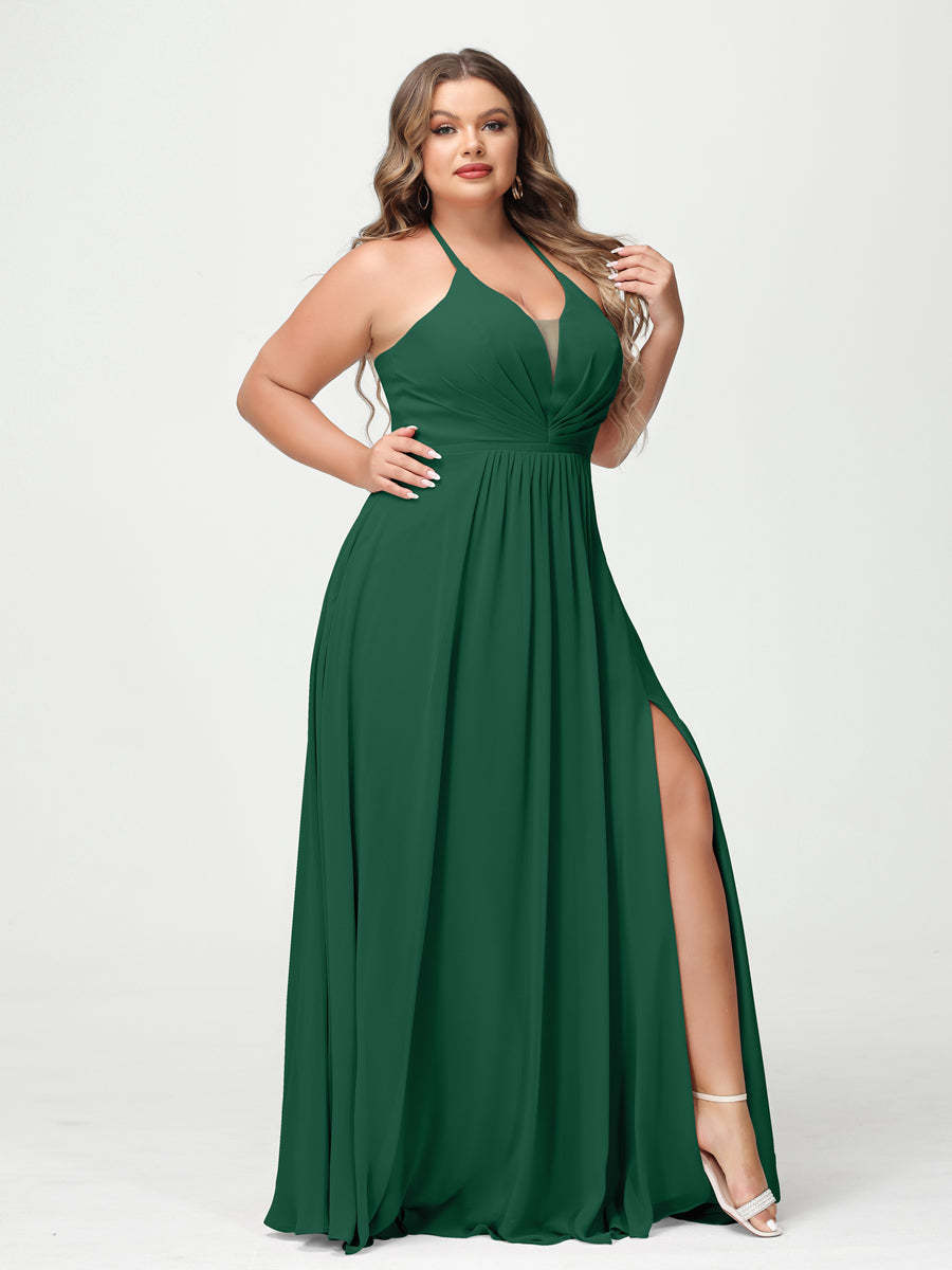 A Line Princess Halter Sleeveless Chiffon Ruched Split Side Plus Size Bridesmaid Dresses with Pockets
