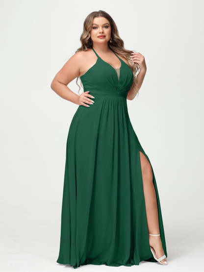 A Line Princess Halter Sleeveless Chiffon Ruched Split Side Plus Size Bridesmaid Dresses with Pockets