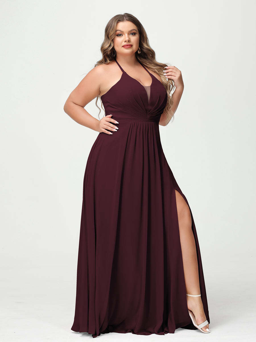A Line Princess Halter Sleeveless Chiffon Ruched Split Side Plus Size Bridesmaid Dresses with Pockets