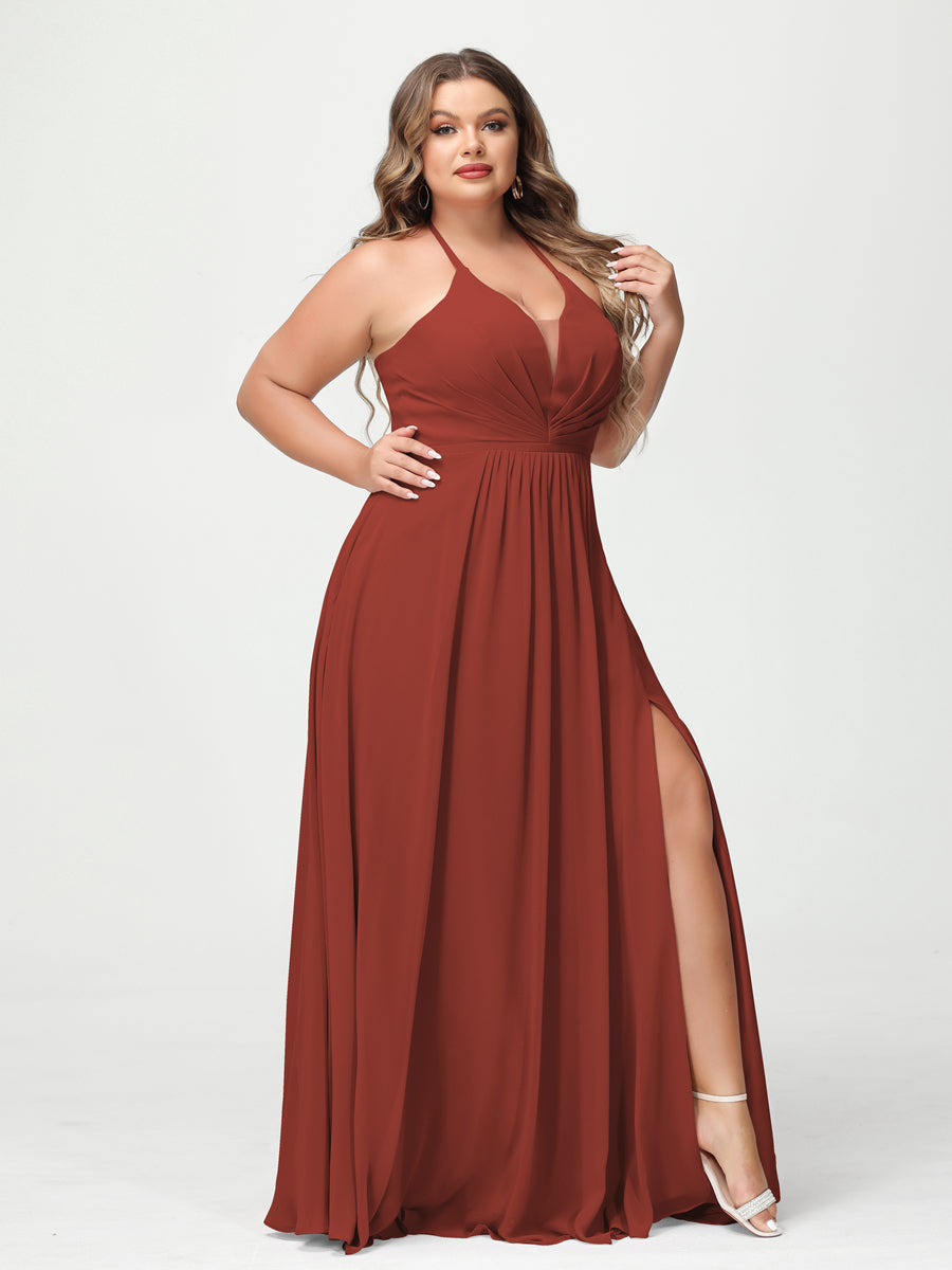 A Line Princess Halter Sleeveless Chiffon Ruched Split Side Plus Size Bridesmaid Dresses with Pockets