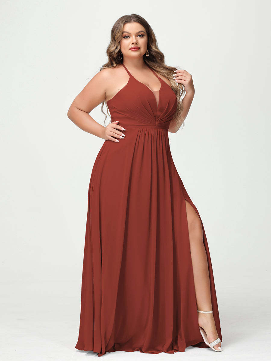 A Line Princess Halter Sleeveless Chiffon Ruched Split Side Plus Size Bridesmaid Dresses with Pockets