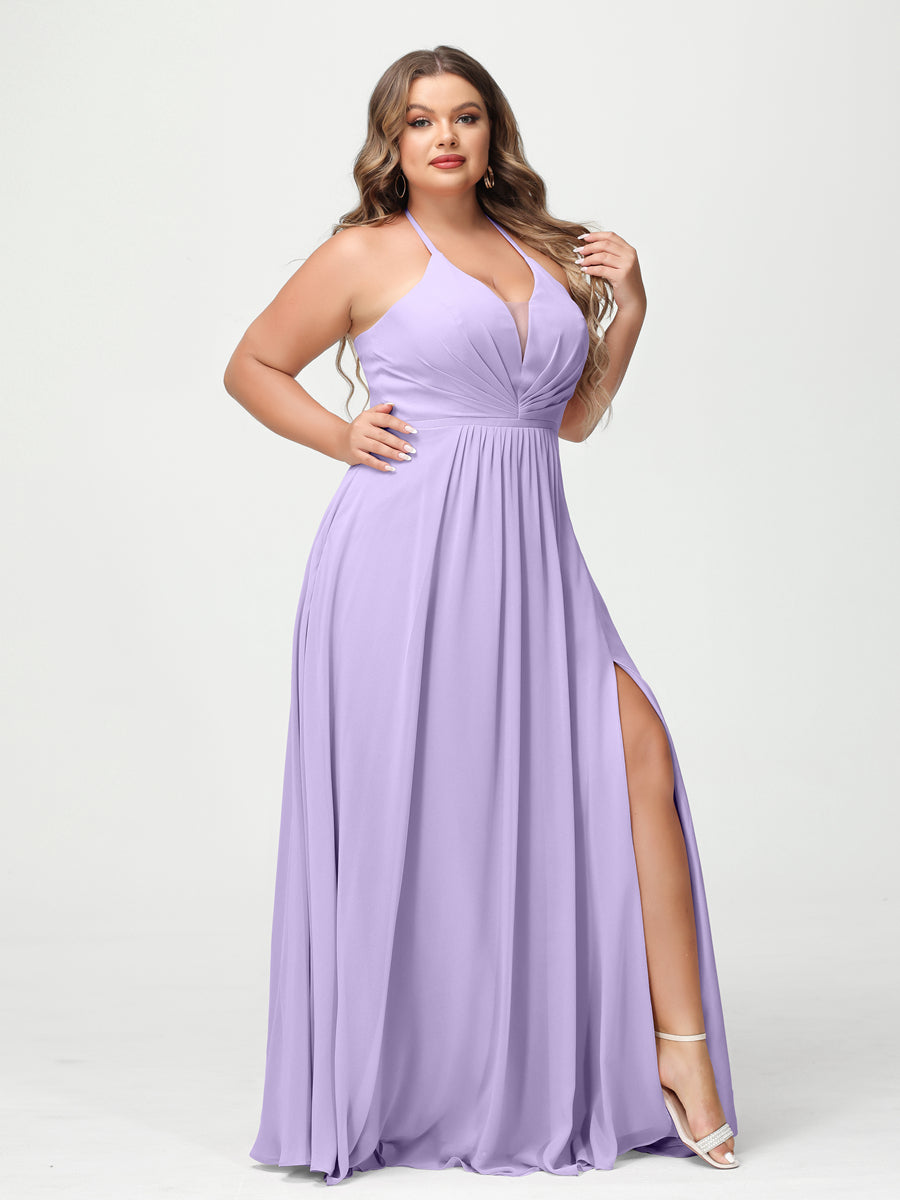A Line Princess Halter Sleeveless Chiffon Ruched Split Side Plus Size Bridesmaid Dresses with Pockets