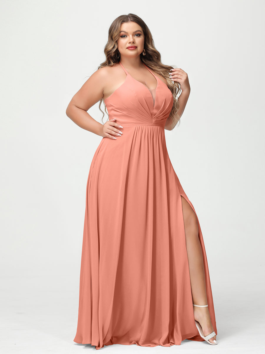 A Line Princess Halter Sleeveless Chiffon Ruched Split Side Plus Size Bridesmaid Dresses with Pockets