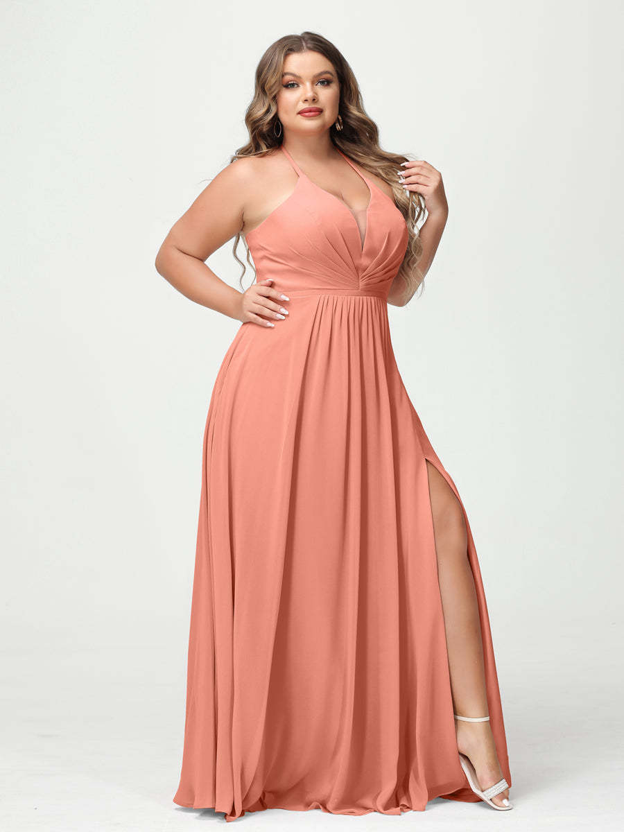 A Line Princess Halter Sleeveless Chiffon Ruched Split Side Plus Size Bridesmaid Dresses with Pockets