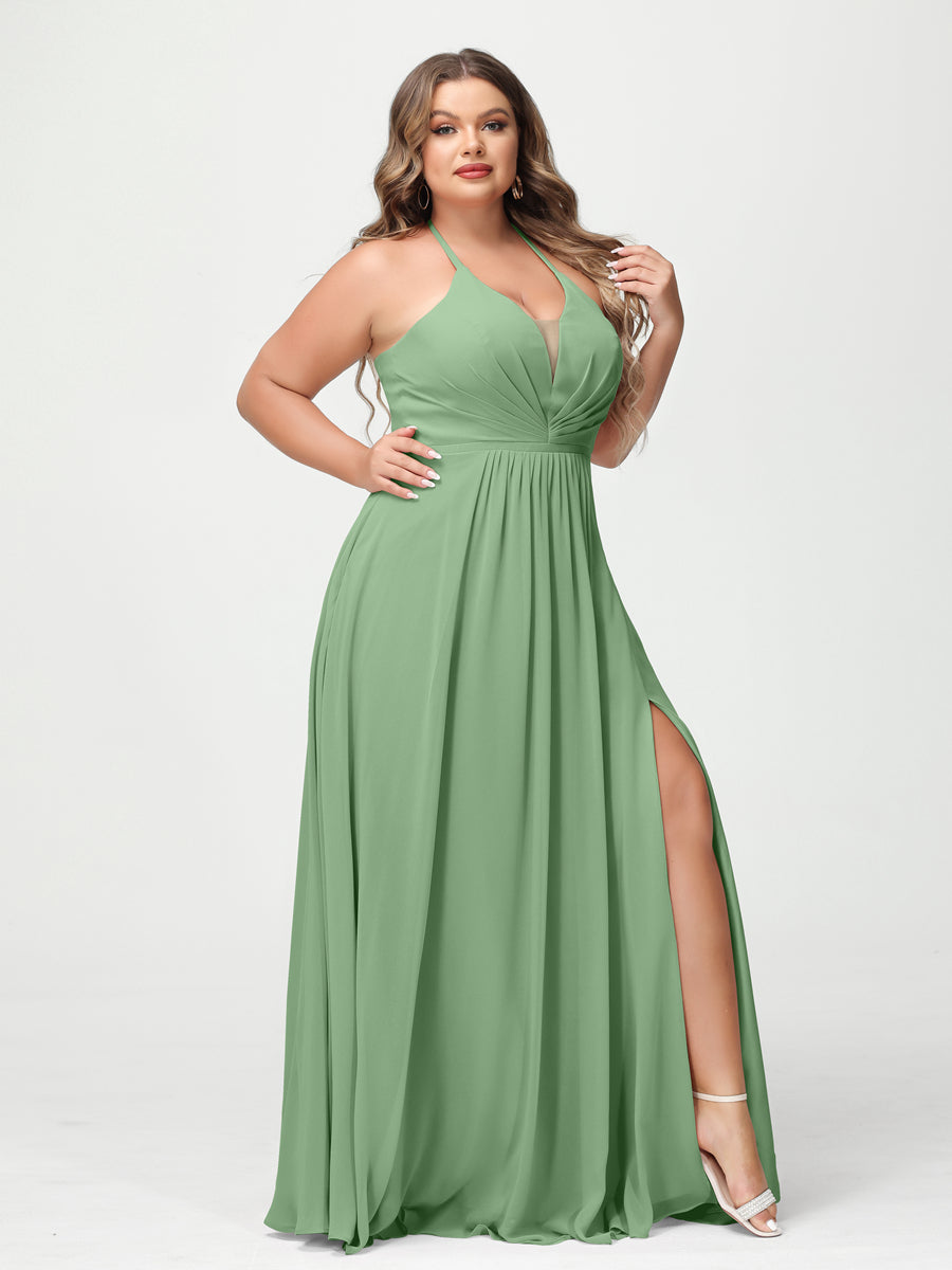 A Line Princess Halter Sleeveless Chiffon Ruched Split Side Plus Size Bridesmaid Dresses with Pockets
