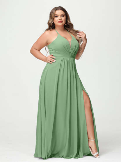 A Line Princess Halter Sleeveless Chiffon Ruched Split Side Plus Size Bridesmaid Dresses with Pockets