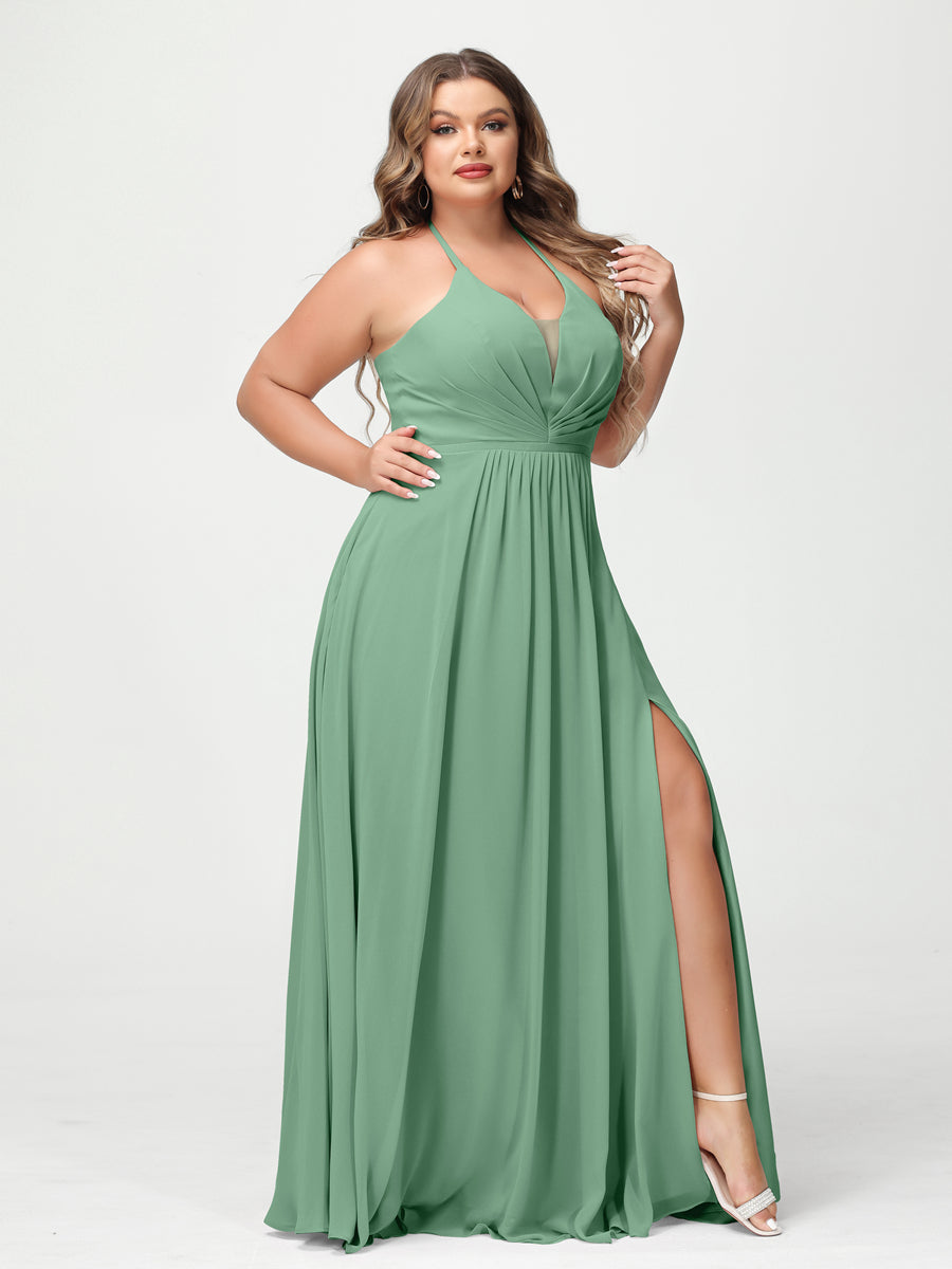 A Line Princess Halter Sleeveless Chiffon Ruched Split Side Plus Size Bridesmaid Dresses with Pockets