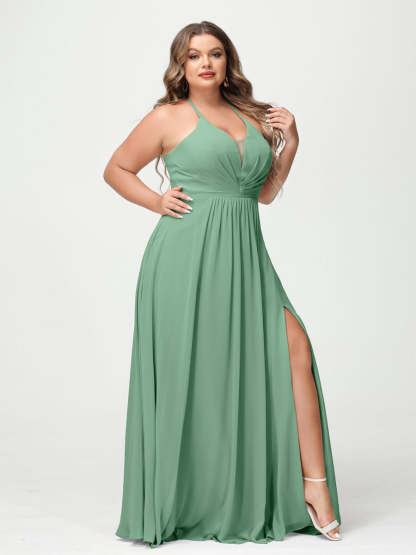 A Line Princess Halter Sleeveless Chiffon Ruched Split Side Plus Size Bridesmaid Dresses with Pockets