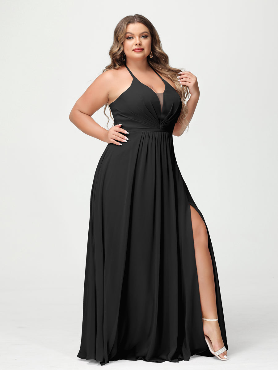 A Line Princess Halter Sleeveless Chiffon Ruched Split Side Plus Size Bridesmaid Dresses with Pockets