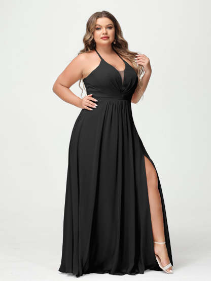 A Line Princess Halter Sleeveless Chiffon Ruched Split Side Plus Size Bridesmaid Dresses with Pockets