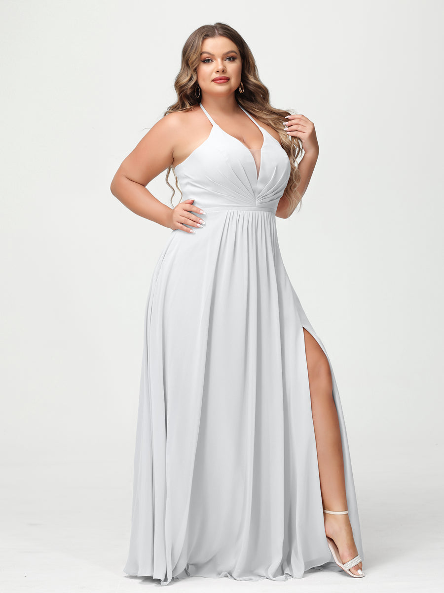 A Line Princess Halter Sleeveless Chiffon Ruched Split Side Plus Size Bridesmaid Dresses with Pockets