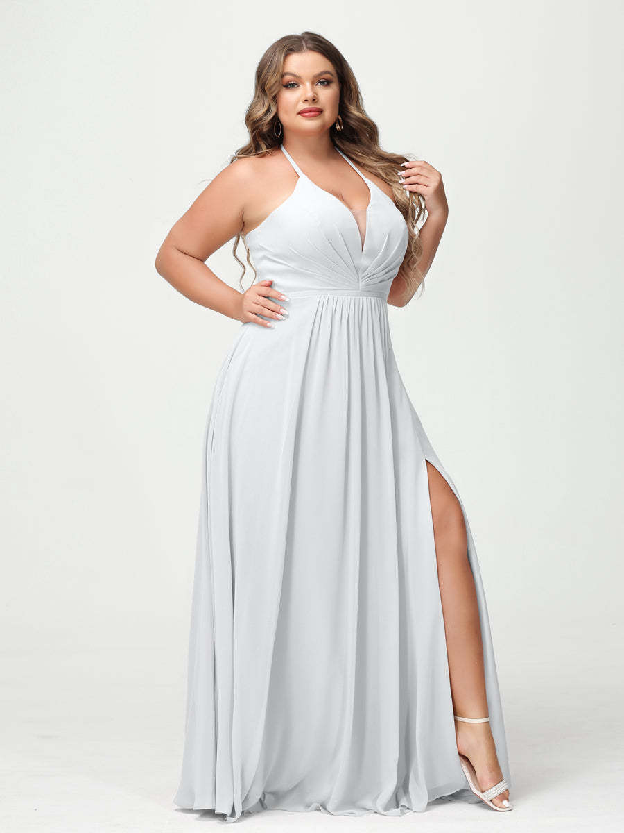 A Line Princess Halter Sleeveless Chiffon Ruched Split Side Plus Size Bridesmaid Dresses with Pockets