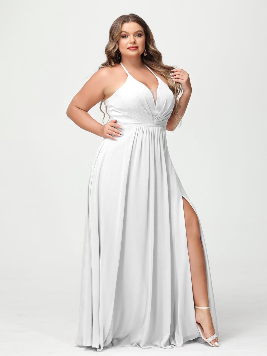 A Line Princess Halter Sleeveless Chiffon Ruched Split Side Plus Size Bridesmaid Dresses with Pockets