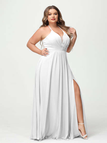 A Line Princess Halter Sleeveless Chiffon Ruched Split Side Plus Size Bridesmaid Dresses with Pockets