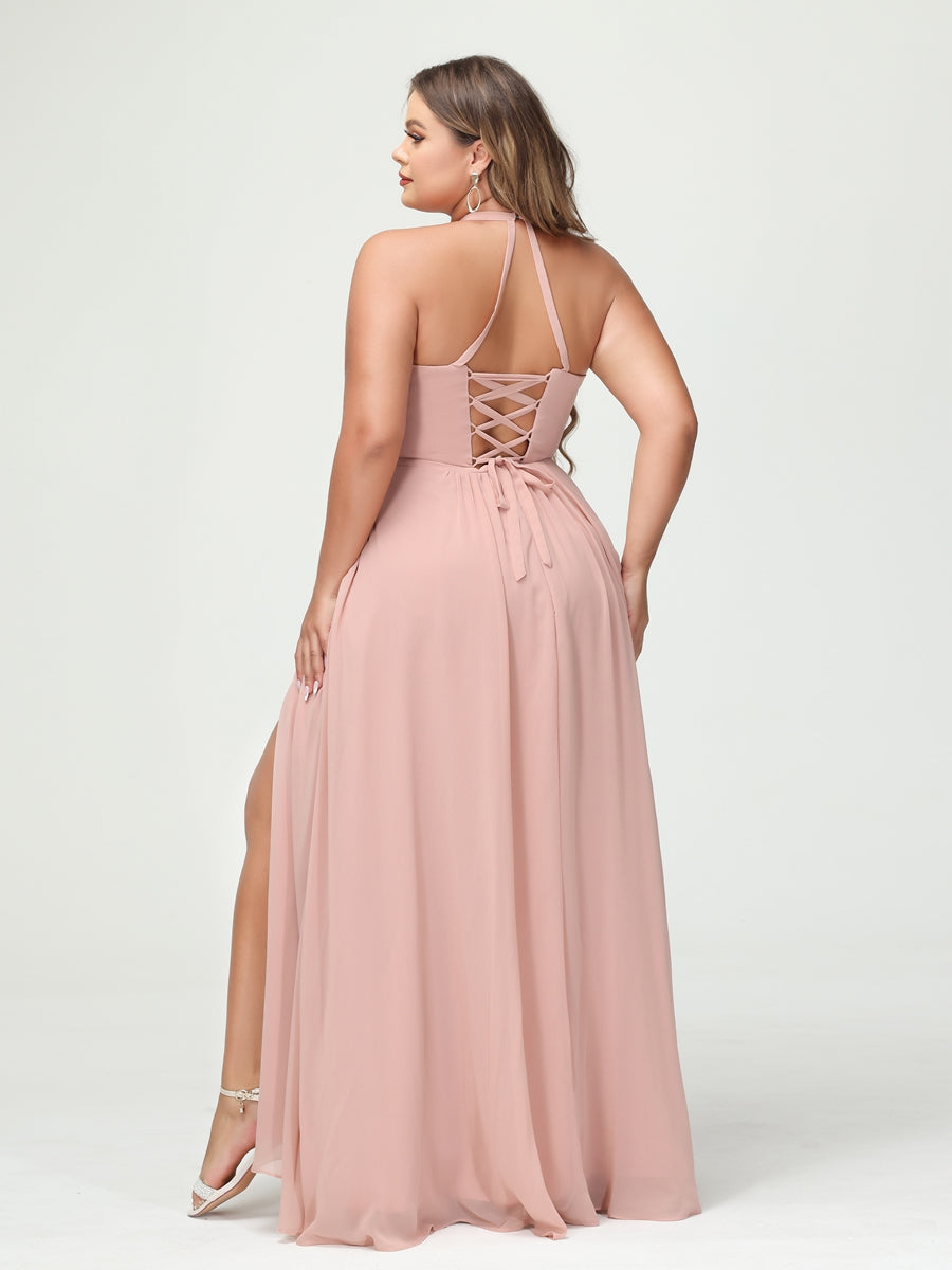 A Line Princess Halter Sleeveless Chiffon Ruched Split Side Plus Size Bridesmaid Dresses with Pockets